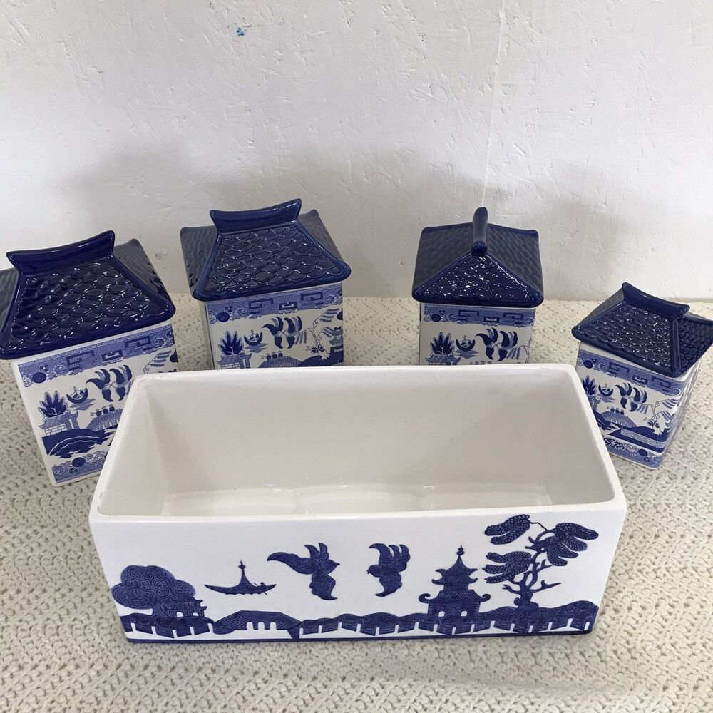 VINTAGE* 5 BLUE WILLOW & WHITE PAGODE CANISTERS CHINOISERIE / TAIWAN 1980 #400